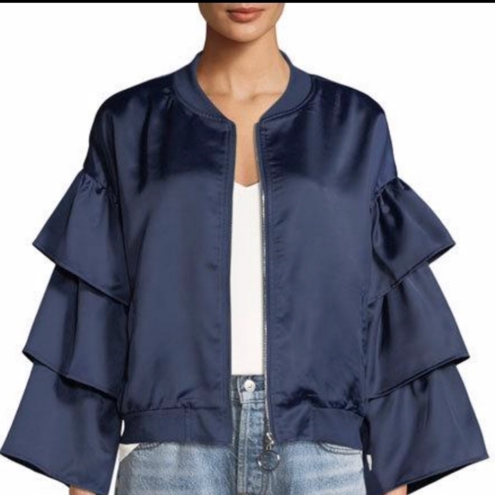 Y2K Neiman Marcus Madisonne collarles ruffled sleeve charmeuse satin Blue Jacket